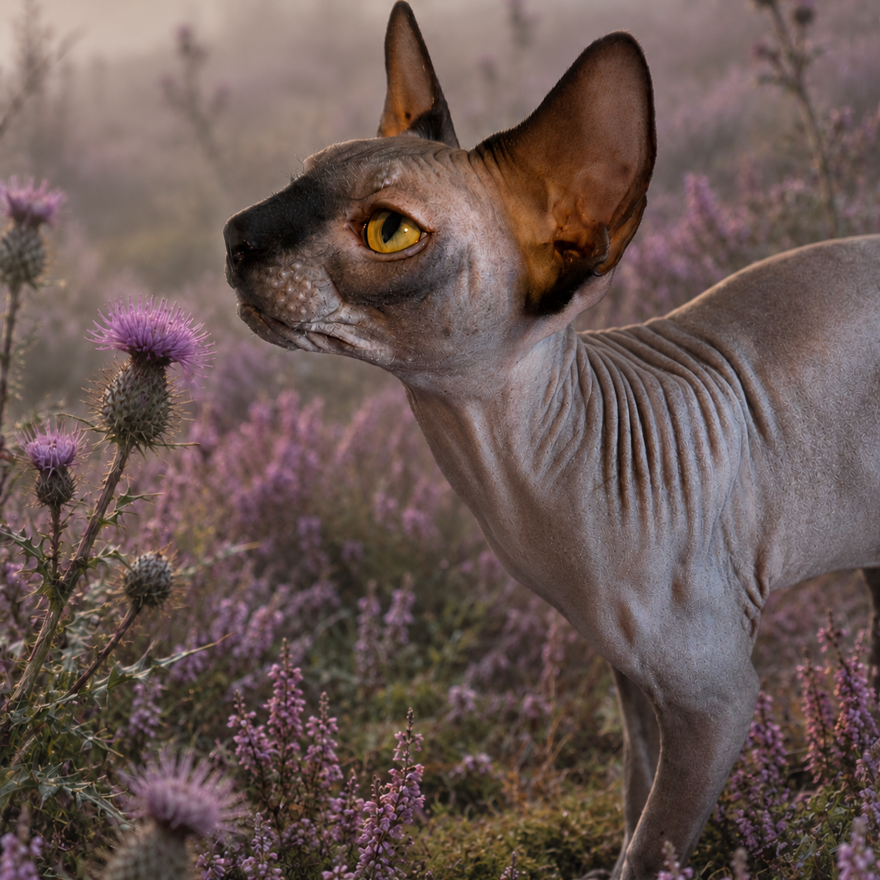 Canadian Sphynx Cat Among Scottish Thistles – RiviaSphynx Canadian Sphynx cat looking towards a purple thistle in a flowering meadow