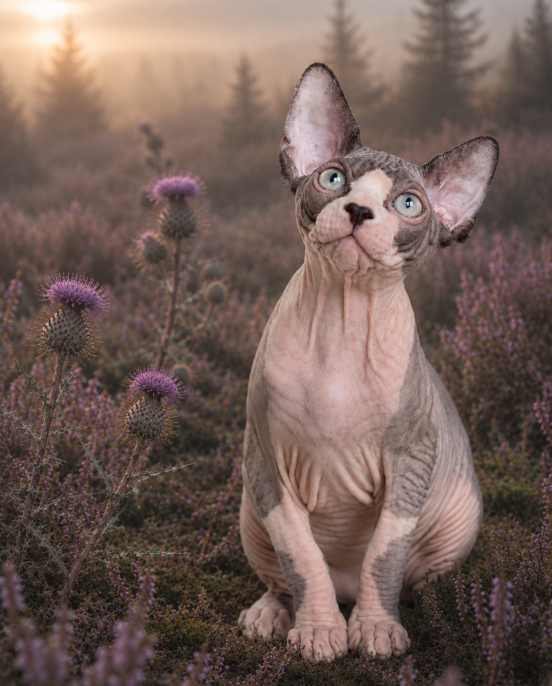 Canadian Sphynx Cat – RiviaSphynx Canadian Sphynx cat in a misty woodland setting with purple thistles