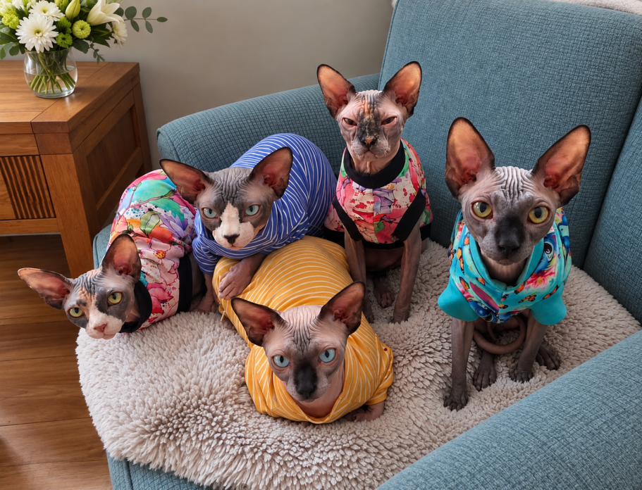 RiviaSphynx Cats Relaxing Together Five Canadian Sphynx cats wearing colourful outfits together on a cosy chair